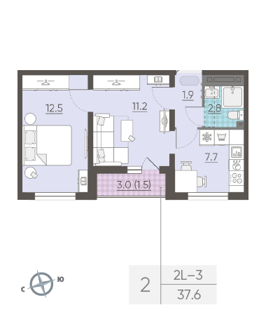 Двухкомнатная квартира 37.6 м²