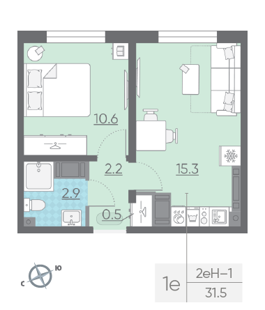 Однокомнатная квартира 31.5 м²