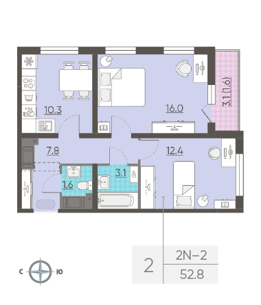 Двухкомнатная квартира 52.8 м²
