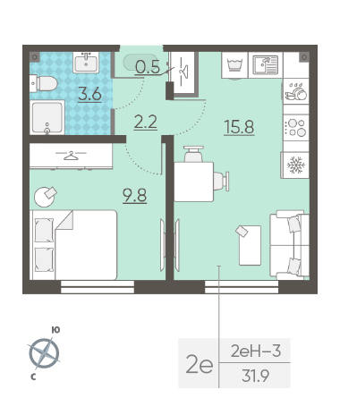 Однокомнатная квартира 31.9 м²