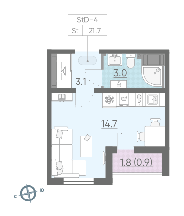 Студия 21.7 м²
