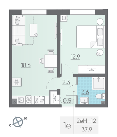Однокомнатная квартира 37.9 м²