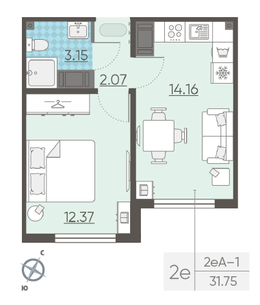 Однокомнатная квартира 31.75 м²