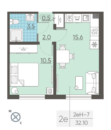 Однокомнатная квартира 32.1 м²