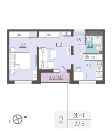 Двухкомнатная квартира 37.6 м²