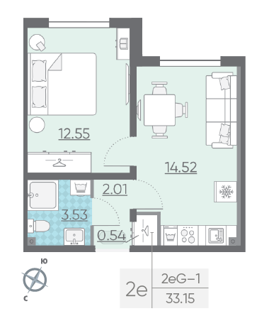 Однокомнатная квартира 33.15 м²