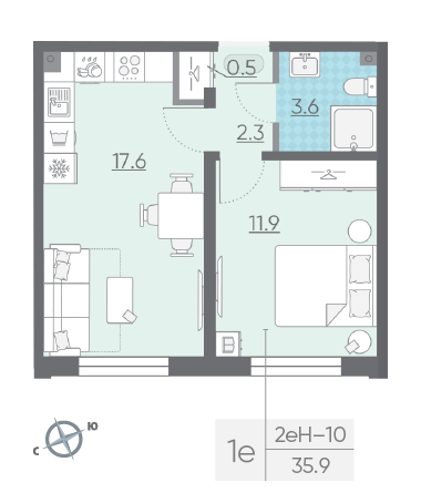 Однокомнатная квартира 35.9 м²