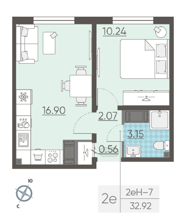 Однокомнатная квартира 32.92 м²