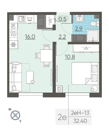 Однокомнатная квартира 32.4 м²