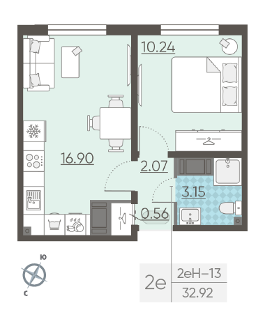 Однокомнатная квартира 32.92 м²