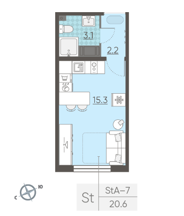 Студия 20.6 м²