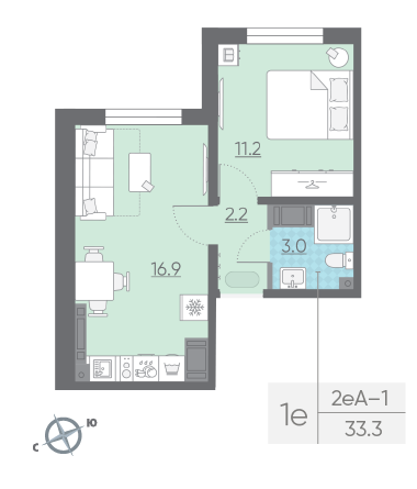Однокомнатная квартира 33.3 м²