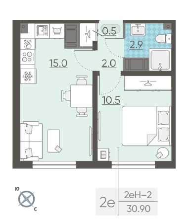 Однокомнатная квартира 30.9 м²