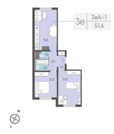 Двухкомнатная квартира 51.6 м²