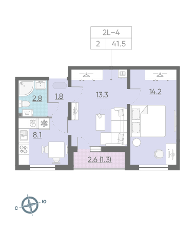 Двухкомнатная квартира 41.5 м²