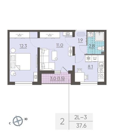 Двухкомнатная квартира 37.6 м²