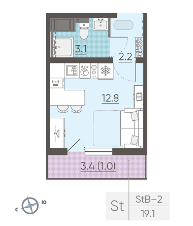 Студия 19.1 м²