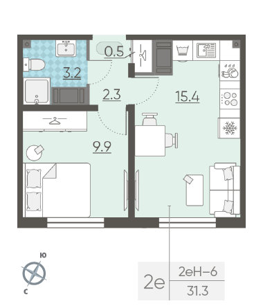 Однокомнатная квартира 31.3 м²