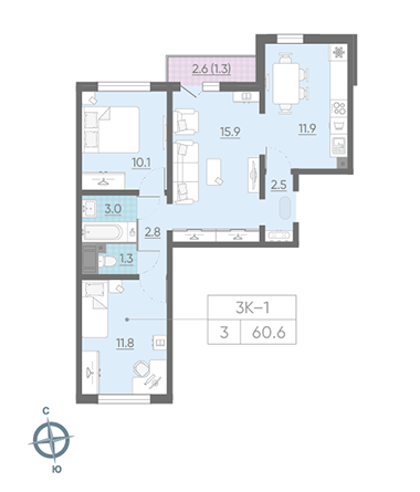 Трёхкомнатная квартира 60.6 м²