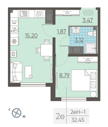 Однокомнатная квартира 32.45 м²