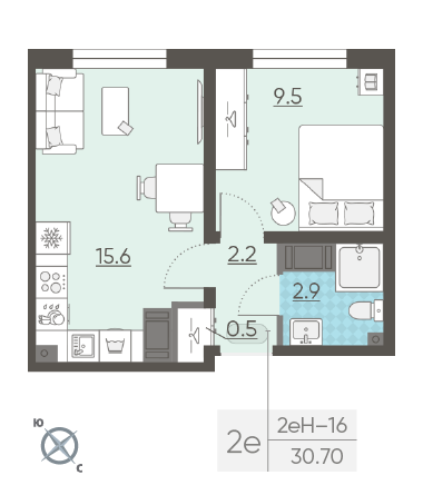 Однокомнатная квартира 30.7 м²