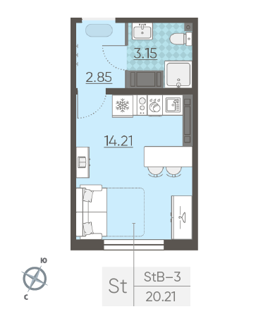 Студия 20.21 м²