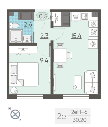 Однокомнатная квартира 30.2 м²