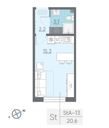Студия 20.6 м²