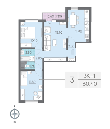 Трёхкомнатная квартира 60.4 м²