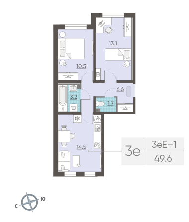 Двухкомнатная квартира 49.6 м²