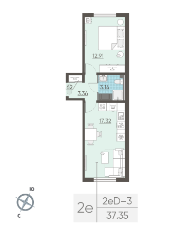 Однокомнатная квартира 37.35 м²