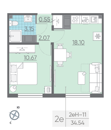 Однокомнатная квартира 34.54 м²