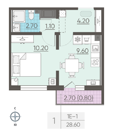 Однокомнатная квартира 28.6 м²