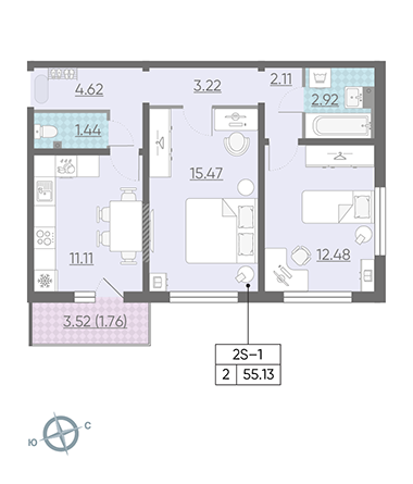 Двухкомнатная квартира 55.5 м²