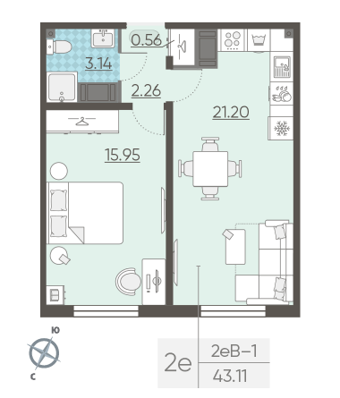 Однокомнатная квартира 43.11 м²