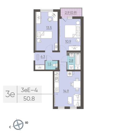 Двухкомнатная квартира 50.8 м²