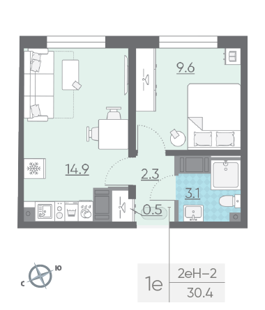Однокомнатная квартира 30.4 м²