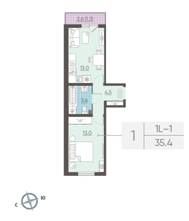 Однокомнатная квартира 35.4 м²