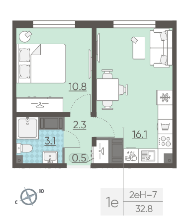 Однокомнатная квартира 32.8 м²