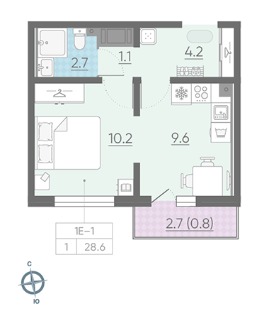 Однокомнатная квартира 28.6 м²