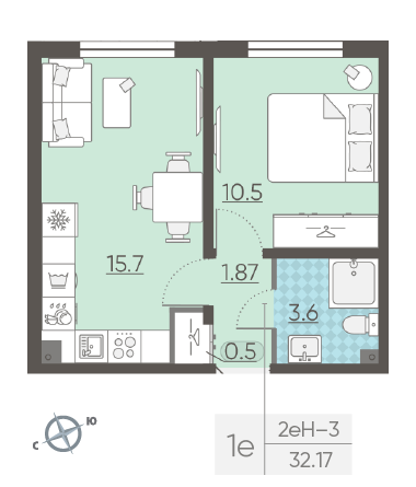 Однокомнатная квартира 32.17 м²