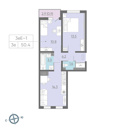 Двухкомнатная квартира 50.4 м²