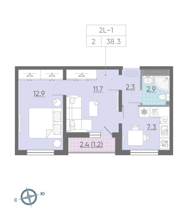 Двухкомнатная квартира 38.3 м²