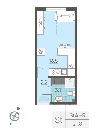 Студия 21.8 м²