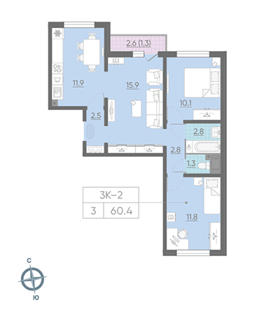 Трёхкомнатная квартира 60.4 м²