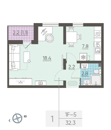 Однокомнатная квартира 32.3 м²