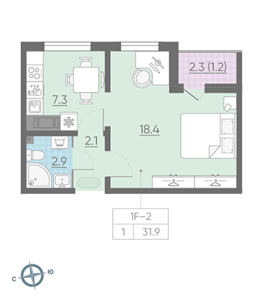 Однокомнатная квартира 31.9 м²