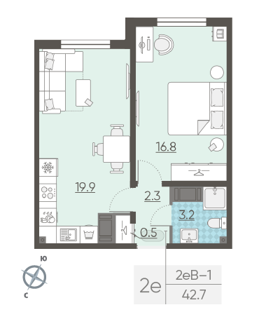 Однокомнатная квартира 42.7 м²