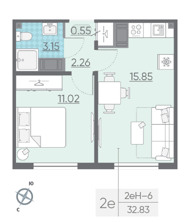 Однокомнатная квартира 32.83 м²