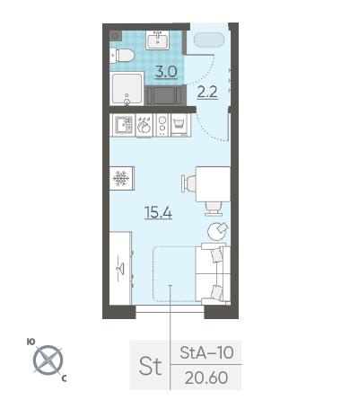 Студия 20.6 м²